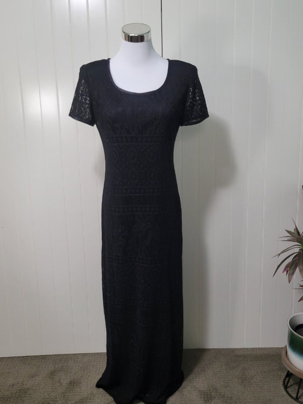 Vtg 20s 90s Whimsigoth Grunge Emo Gatsby Black Lace Overlay Metallic Maxi Dress